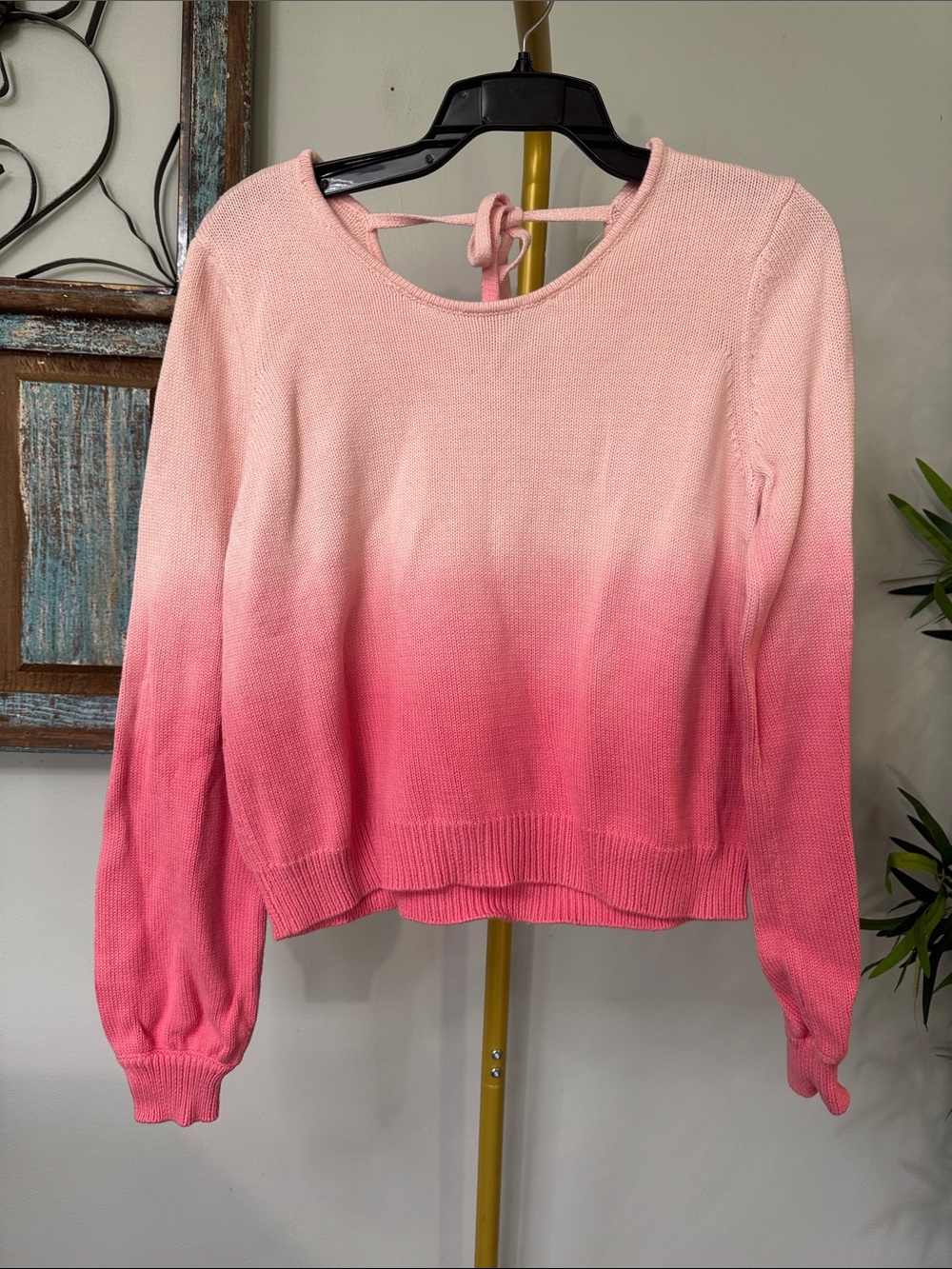 Candie's Pink Ombre Tie-Back Crewneck cotton knit Sweater EUC L